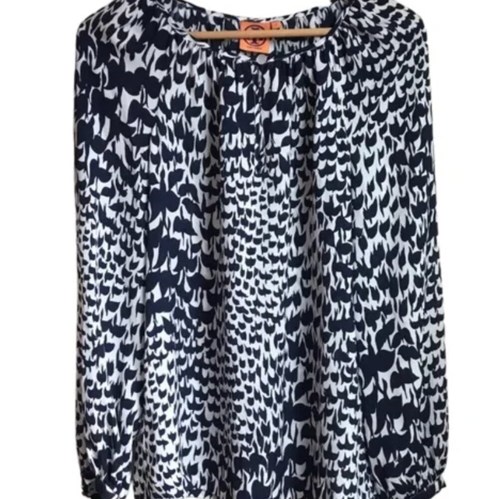 Tory Burch Keyhole Blouse with Navy Bird Print
